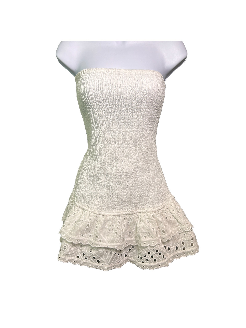 NWT Edikted Strapless Smocked Drop Waist Mini Dress Womens M White Ruffle Hem